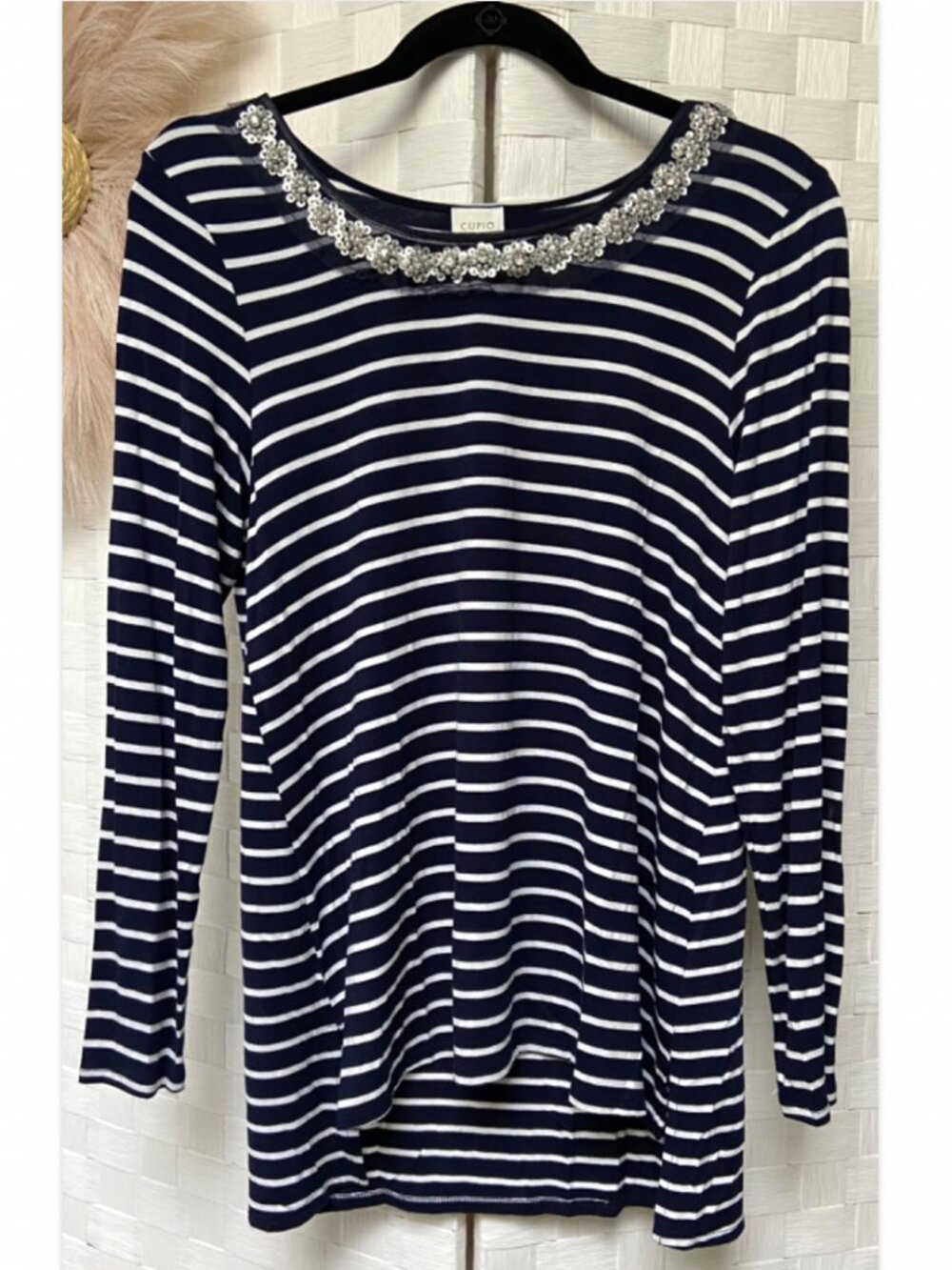 Cupio Blue White Striped Beaded Neck Shirt Size M